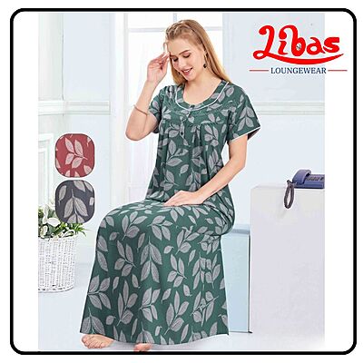 Leafy Green Spun Cotton Nighty With Front Button Opening From Libas Loungewear - PLT273