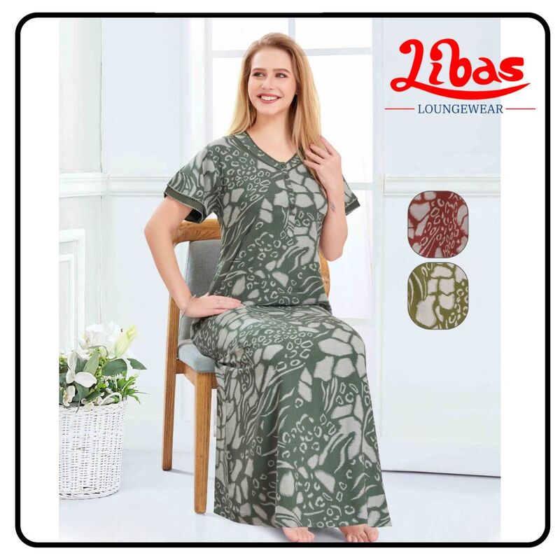 Forest Green Alpine Nighty in floral prints with button closure From Libas Loungewear - AL1074 Forest Green Alpine Nighty in floral prints with button closure From Libas Loungewear - AL1074