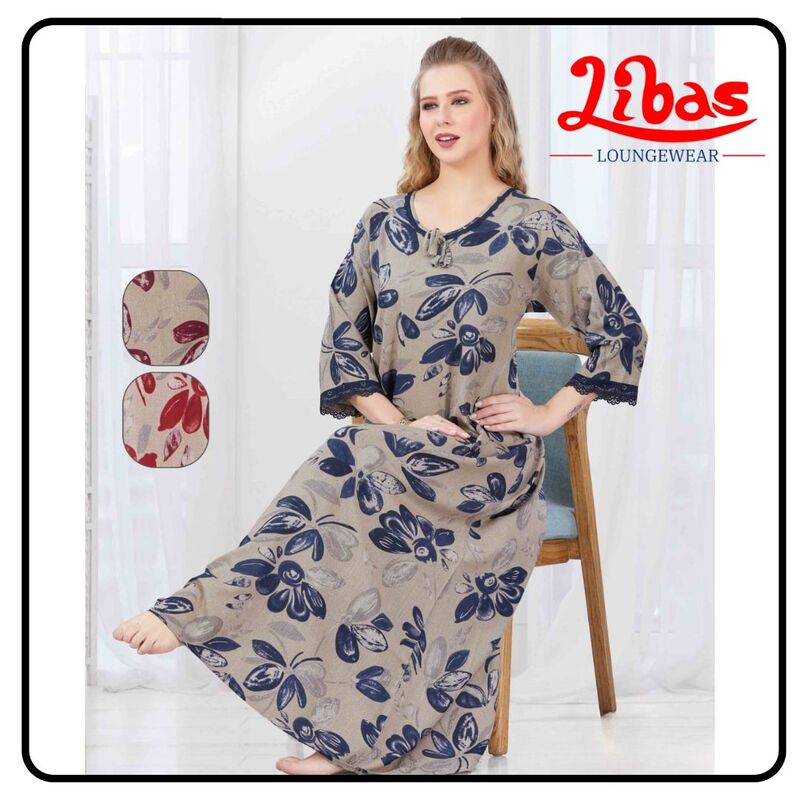 Sandal & Blue Alpine Plus Long Sleeve Nighty With Floral Print All Over From Libas Loungewear-LSN204 Sandal & Blue Alpine Plus Long Sleeve Nighty With Floral Print All Over From Libas Loungewear-LSN204