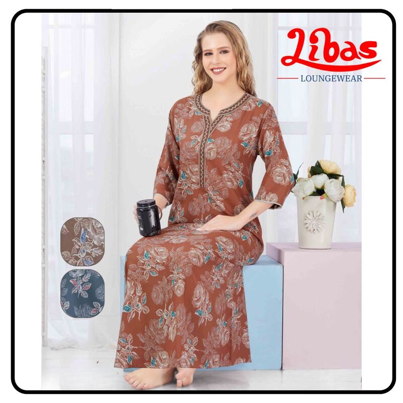 Dusty Brown Alpine Plus Long Sleeve Nighty With Floral Print All Over From Libas Loungewear-LSN207 Dusty Brown Alpine Plus Long Sleeve Nighty With Floral Print All Over From Libas Loungewear-LSN207