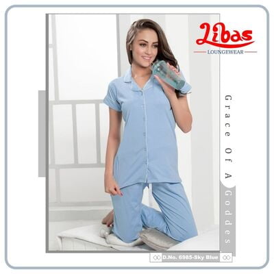 Plain Sky Blue Hosiery Plus Women Collar Night Suit From Libas Loungewear - FPS090