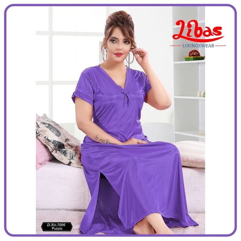 Plain Purple Satin Nighty With V-Neck Pattern From Libas Loungewear - ST049