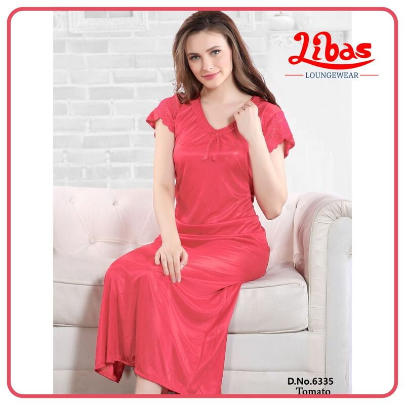 Plain Tomato Satin Nighty With V-Neck Pattern From Libas Loungewear -ST061 Plain Tomato Satin Nighty With V-Neck Pattern From Libas Loungewear -ST061