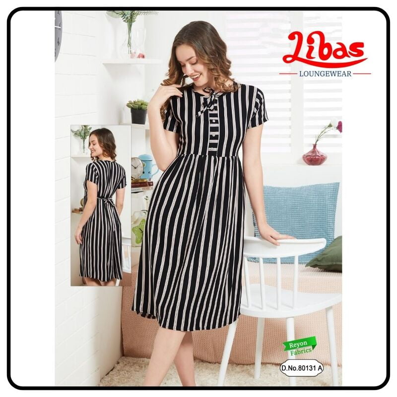 Russian Black Premium Rayon Midi Dress With Stripes Print All Over From Libas Loungewear - MD001