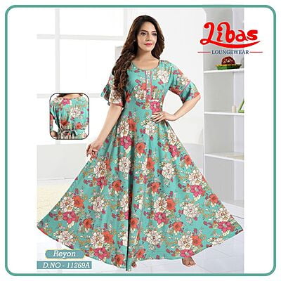 Gulf Stream Premium Rayon Anarkali Gown With Floral Print All Over From Libas Loungewear - AN052