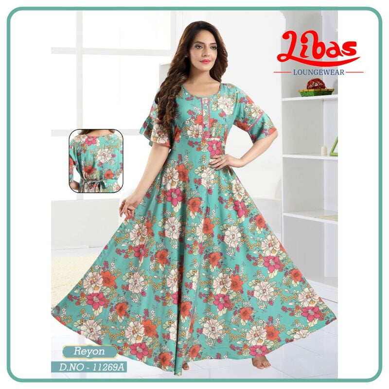 Gulf Stream Premium Rayon Anarkali Gown With Floral Print All Over From Libas Loungewear - AN052