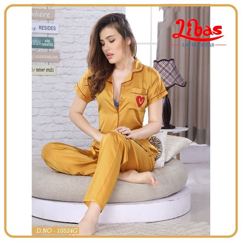 Plain Goldenrod Armani Satin Women Night Suit With Collar Style From Libas Loungewear - FPS117 Plain Goldenrod Armani Satin Women Night Suit With Collar Style From Libas Loungewear - FPS117