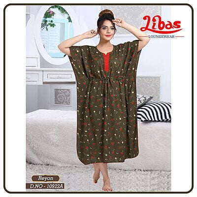 Olive Green Rayon Midi Kaftan Dress With Tiny Floral Print All Over From Libas Loungewear - KF339
