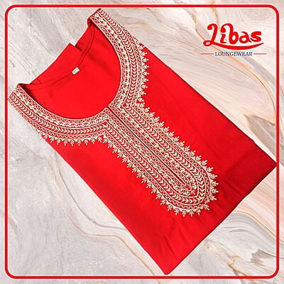 Torch Red Bizi Lizi Plain Embroidery Nighty From Libas Loungewear - EN146