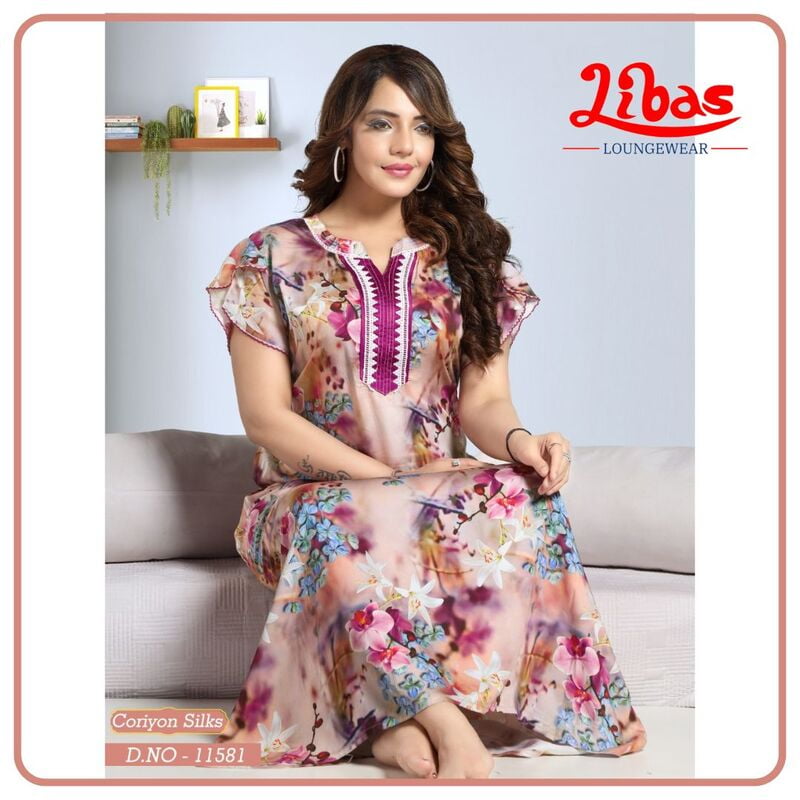 Oriental Pink Celebrity Nighy With Fashionable Sleeves & Floral Design From Libas Loungewear - CN008