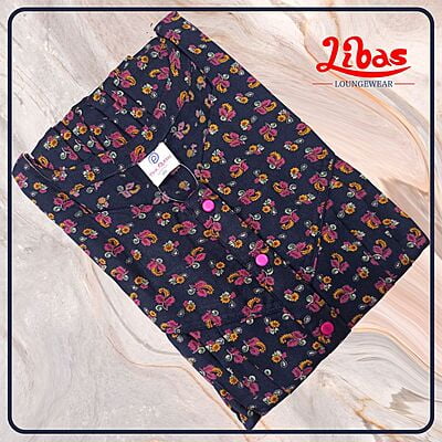 Navy Blue Spun Cotton Nighty With Tiny Floral Design All Over From Libas Loungewear - PS494