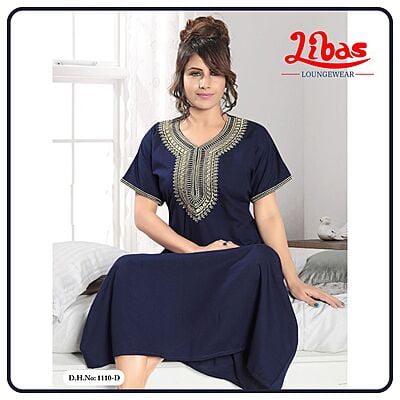 Navy Blue Bizi Lizi Plain Embroidery Nighty From Libas Loungewear - EN154