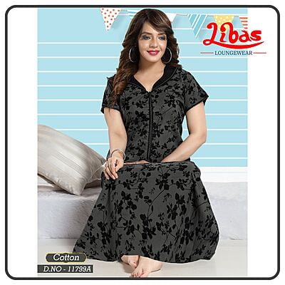 Metal Grey Premium Cotton Nighty With Front Zip Closure & Floral Print From Libas Loungewear - AL886