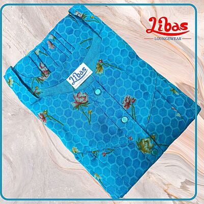 Deep Sky Blue Spun Cotton Plus Size Nighty With Floral Design All Over From Libas Loungewear - PS503