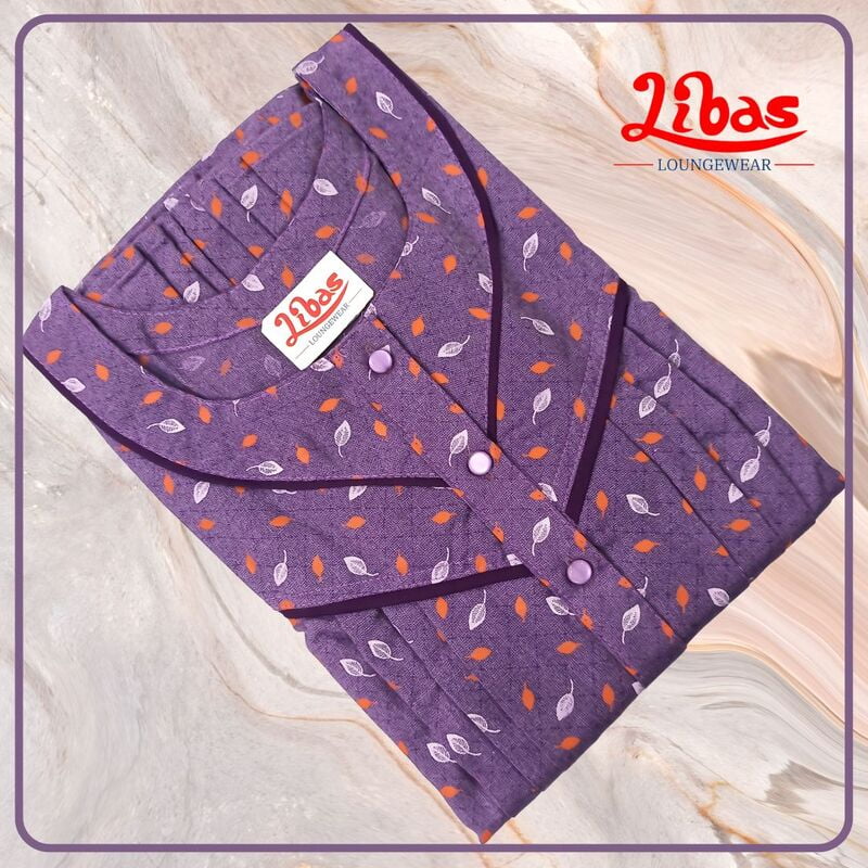 Dark Lavender Spun Cotton Pleated Nighty With Leaf Print All Over From Libas Loungewear - PLT252 Dark Lavender Spun Cotton Pleated Nighty With Leaf Print All Over From Libas Loungewear - PLT252