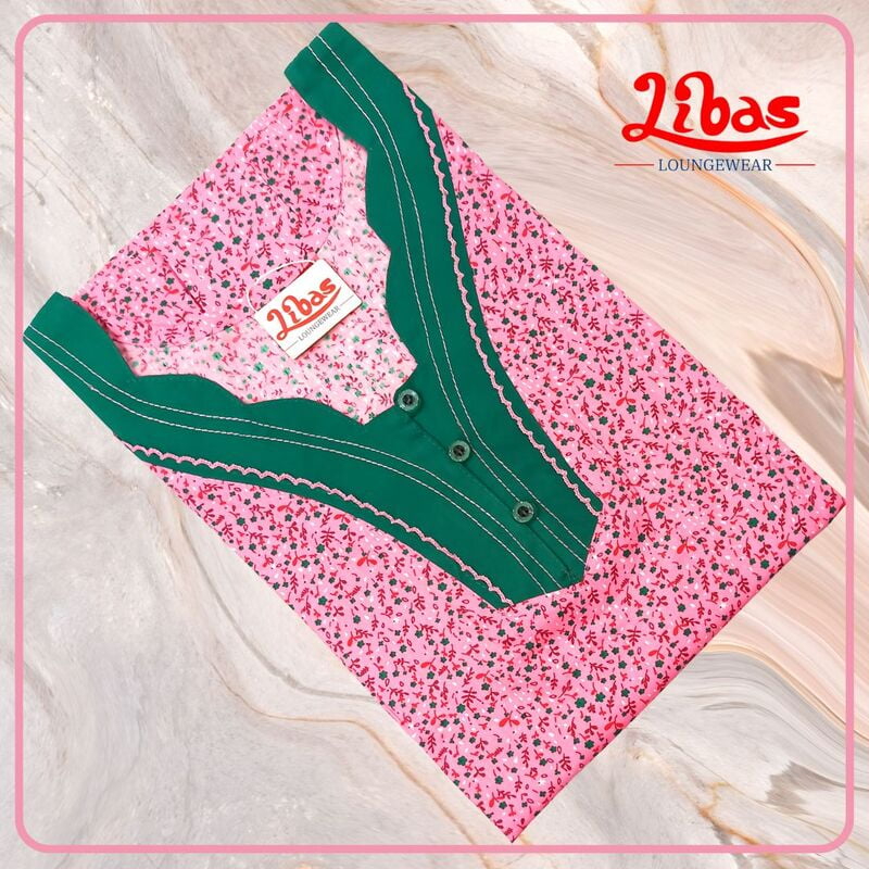 Rose Pink Cotton Nighty With Tiny Floral Print All Over From Libas Loungewear - PS522 Rose Pink Cotton Nighty With Tiny Floral Print All Over From Libas Loungewear - PS522