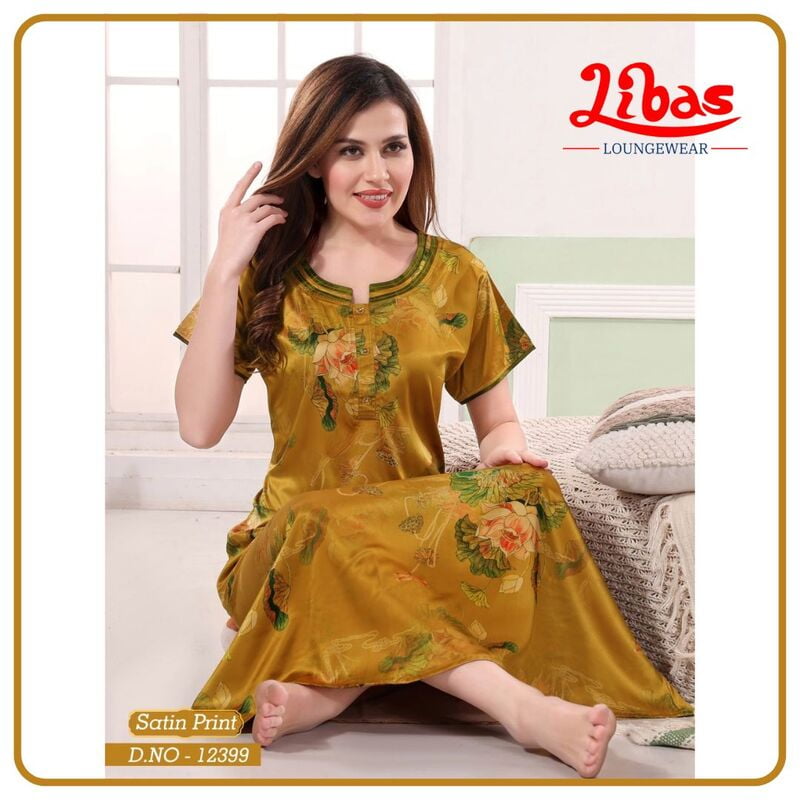 Golden Brown Premium Satin Nighty With Floral Print All Over From Libas Loungewear - ST090