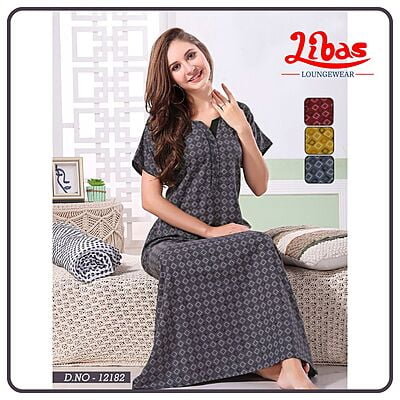 Dark Red Micro P.V Nighty With Geometric Print All Over From Libas Loungewear - PS527 Dark Red Micro P.V Nighty With Geometric Print All Over From Libas Loungewear - PS527
