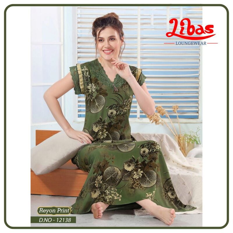 Grass Green Premium Rayon Sleeveless Nighty With Floral Print All Over From Libas Loungewear - SL107 Grass Green Premium Rayon Sleeveless Nighty With Floral Print All Over From Libas Loungewear - SL107