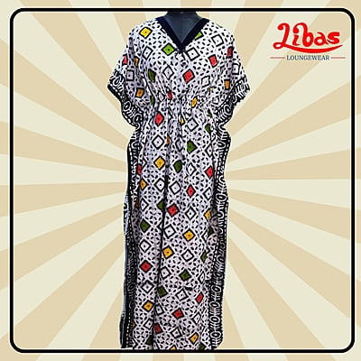 Crtstal Black Cotton Kaftan Nighty With Floral Design From Libas Loungewear - KF381 Crtstal Black Cotton Kaftan Nighty With Floral Design From Libas Loungewear - KF381