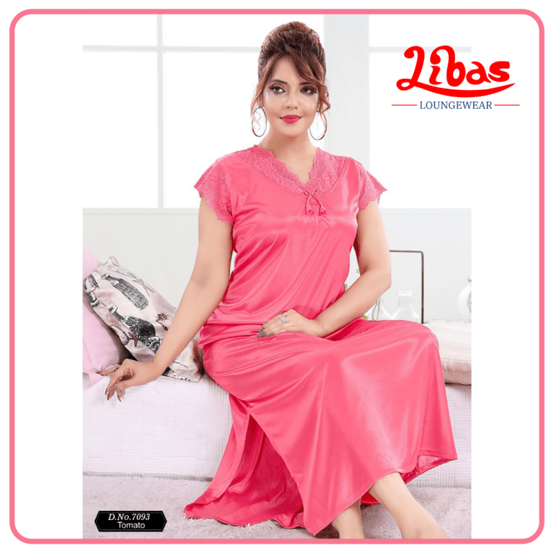 Plain Tomato Satin Nighty With V-Neck Pattern From Libas Loungewear -ST056