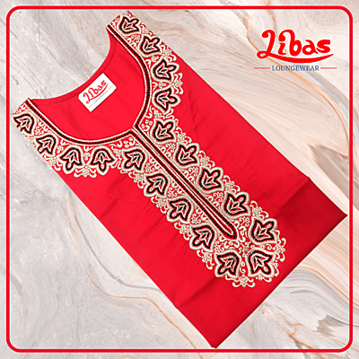 Alizarin Red Bizi Lizi Plain Embroidery Nighty From Libas Loungewear - EN127