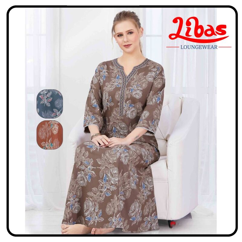 Wooden Brown Alpine Plus Long Sleeve Nighty With Floral Print All Over From Libas Loungewear-LSN209 Wooden Brown Alpine Plus Long Sleeve Nighty With Floral Print All Over From Libas Loungewear-LSN209