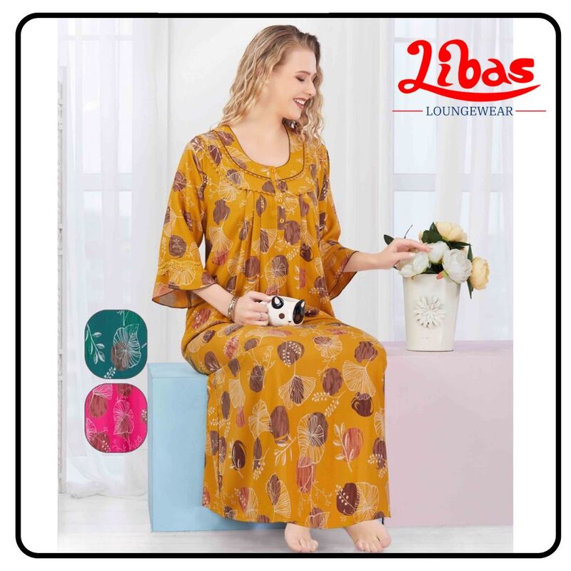 Autumn Orange Alpine Plus Long Sleeve Nighty With Floral Print All Over From Libas Loungewear-LSN211 Autumn Orange Alpine Plus Long Sleeve Nighty With Floral Print All Over From Libas Loungewear-LSN211