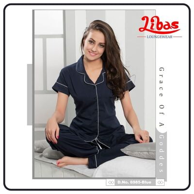 Plain Navy Blue Hosiery Plus Women Collar Night Suit From Libas Loungewear - FPS088