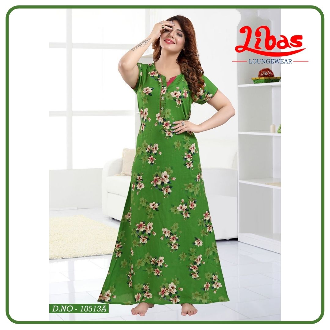 Bilbao Green Premium Rayon Nighty With Floral Print All Over From Libas Loungewear - AL620