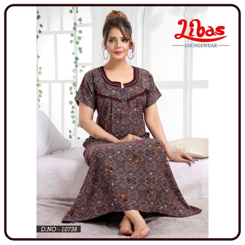 Bordeaux Brown Spun Cotton Pleated Nighty With Button Closure From Libas Loungewear - PLT191