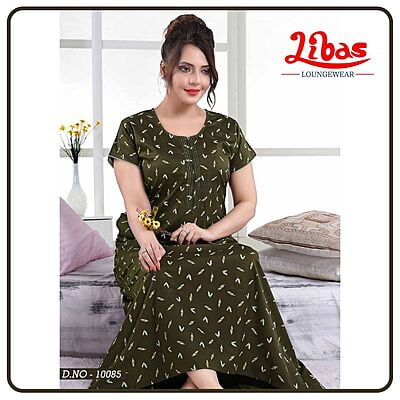 Thatch Green Cotton Satin Nighty With Zip Closure & Tiny Floral Print From Libas Loungewear - AL660