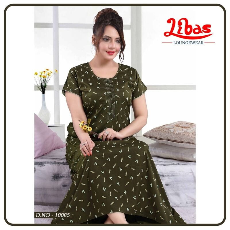 Thatch Green Cotton Satin Nighty With Zip Closure & Tiny Floral Print From Libas Loungewear - AL660 Thatch Green Cotton Satin Nighty With Zip Closure & Tiny Floral Print From Libas Loungewear - AL660