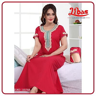 Cardinal Red Bizi Lizi Plain Embroidery Nighty From Libas Loungewear - EN087