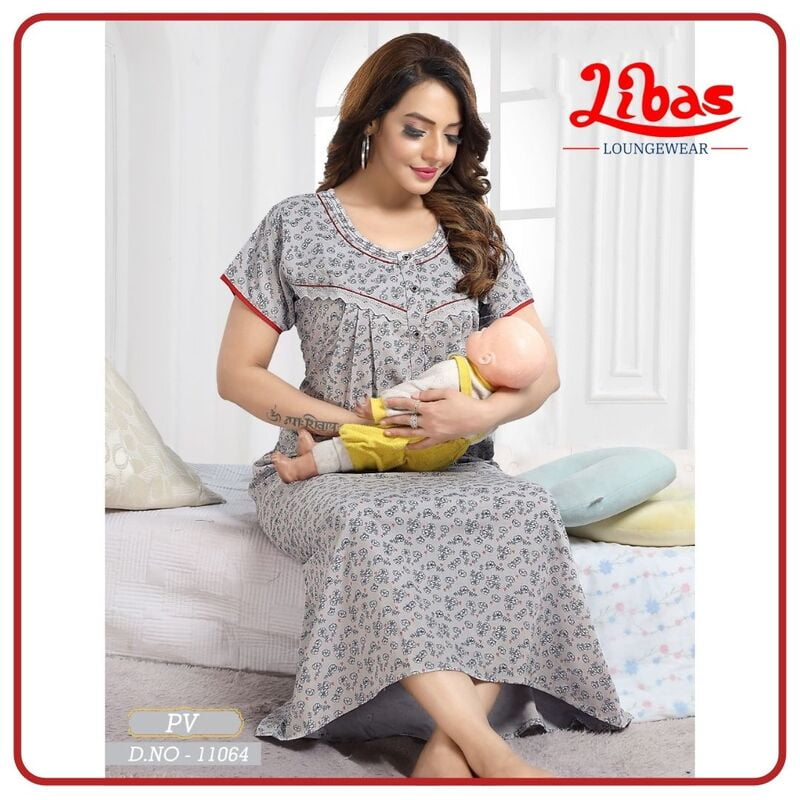 Thistle Grey Bizi Lizi Pleated Feeding Nighty with Side Zip From Libas Loungewear - FNT067 Thistle Grey Bizi Lizi Pleated Feeding Nighty with Side Zip From Libas Loungewear - FNT067