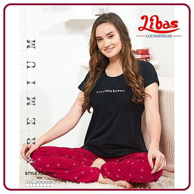 Navy & Pink Top & Printed Bottom Hosiery Cotton Women Night Suit From Libas Loungewear - FPS107