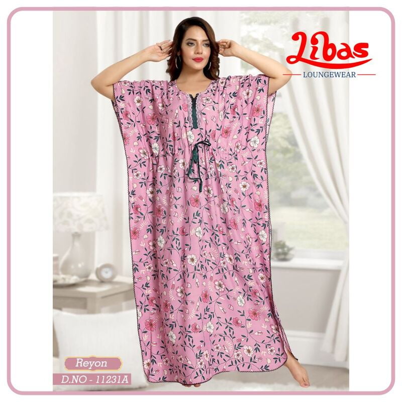 Kobi Pink Premium Rayon Kaftan Nighty With Floral Print All Over From Libas Loungewear - KF321