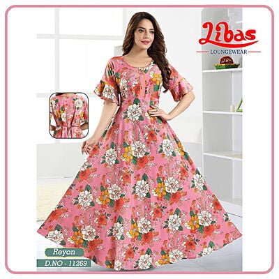 Illusion Pink Premium Rayon Anarkali Gown With Floral Print All Over From Libas Loungewear - AN051