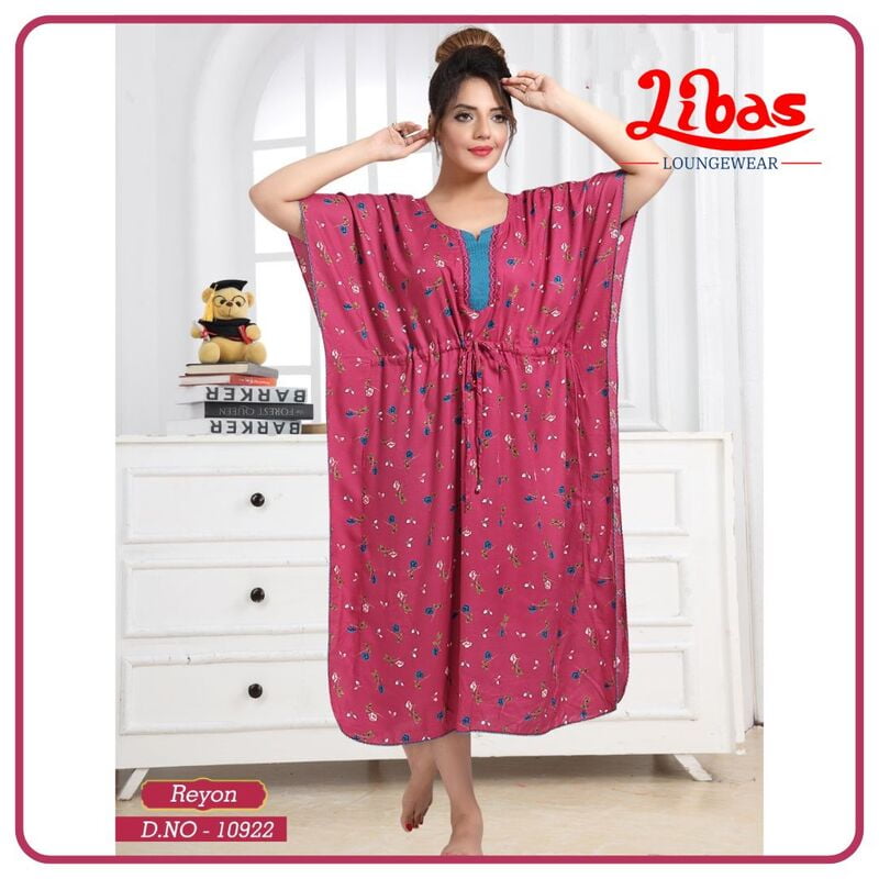 Pink Premium Rayon Midi Kaftan Dress With Tiny Floral Print All Over From Libas Loungewear - KF338 Pink Premium Rayon Midi Kaftan Dress With Tiny Floral Print All Over From Libas Loungewear - KF338