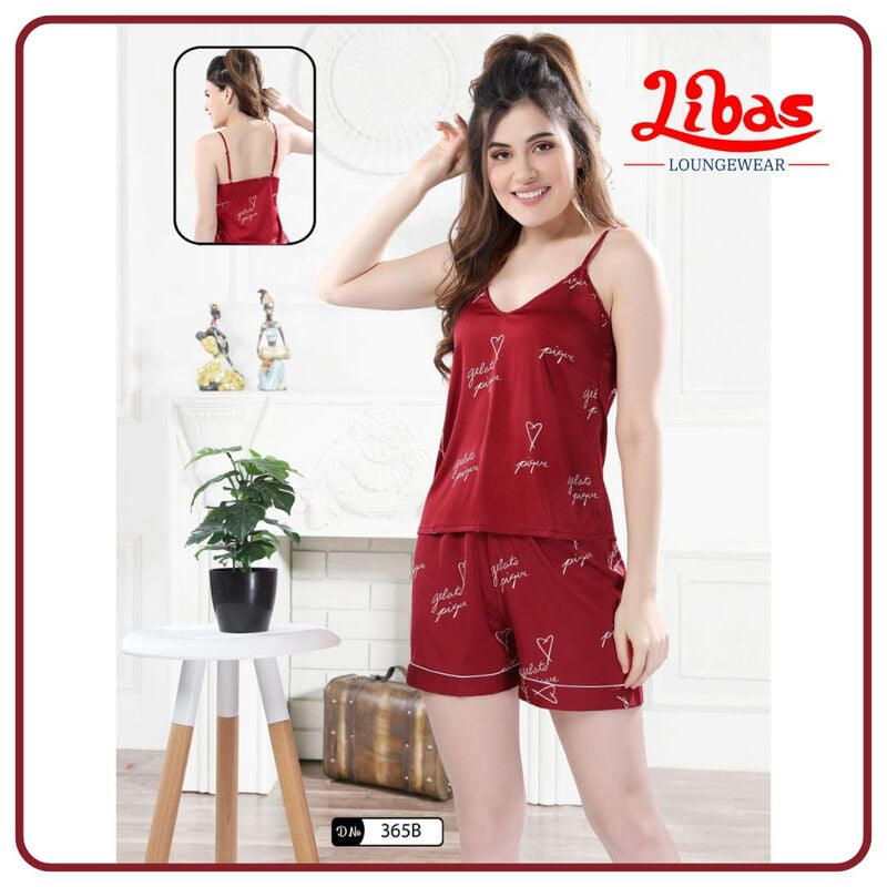 Bright Red Premium Satin Two Piece Set With Geometric Print All Over From Libas Loungewear - FCN160