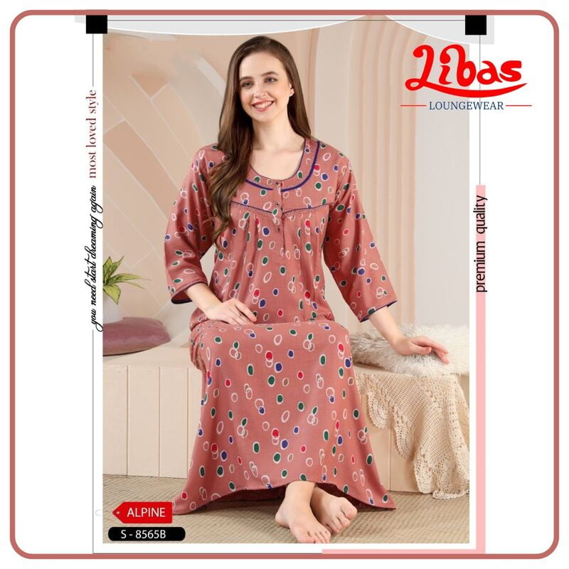 Sea Pink Alpine Long Sleeve Nighty With Tiny Geometric Print All Over From Libas Loungewear - LSN178 Sea Pink Alpine Long Sleeve Nighty With Tiny Geometric Print All Over From Libas Loungewear - LSN178