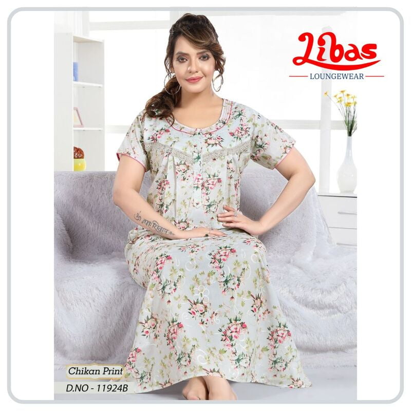 Mystic EMB Celebrity Soft Cotton Nighy With Floral Design All OverFrom Libas Loungewear - CN006 Mystic EMB Celebrity Soft Cotton Nighy With Floral Design All OverFrom Libas Loungewear - CN006