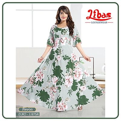 Iron & Green Premium Rayon Anarkali Gown With Floral Print All Over From Libas Loungewear - AN064