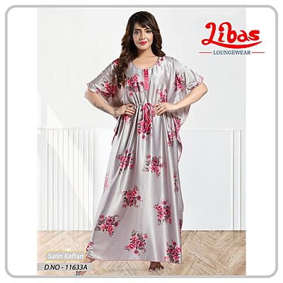 Maverick Grey Armani Satin Kaftan Nighty With Floral Print All Over From Libas Loungewear - KF357