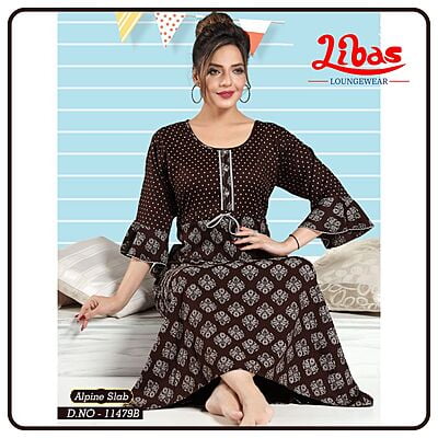 Coffee Brown Alpine Slab Long Sleeve Nighty With Polka & Block Print From Libas Loungewear - LSN182