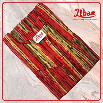 Brick Maroon Premium Cotton Pleated Nighty With Stipes Print All Over From Libas Loungewear - PLT249