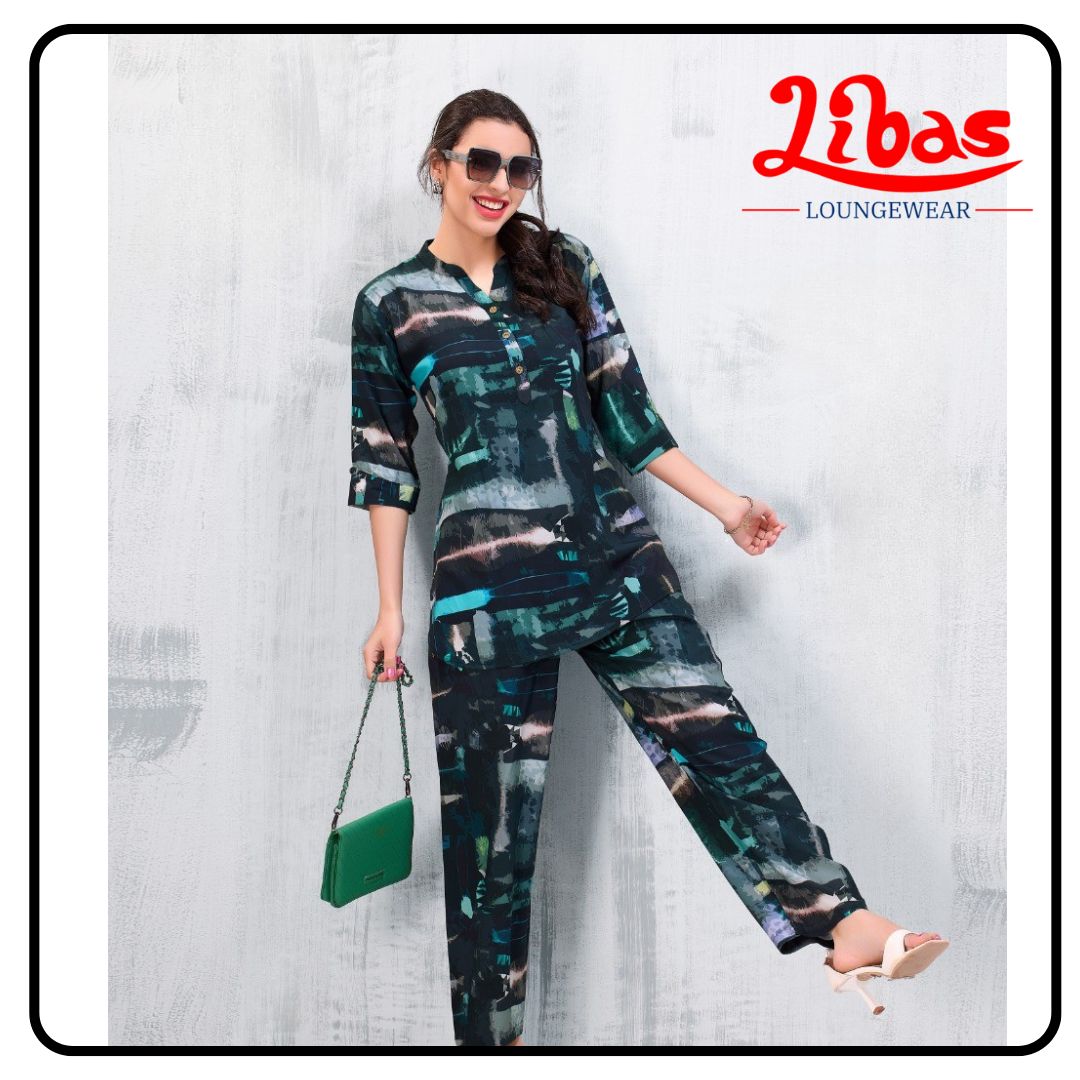 Midnight Blue Geometric Top & Bottom Hosiery Cotton Women Night Suit From Libas Loungewear- FPS149