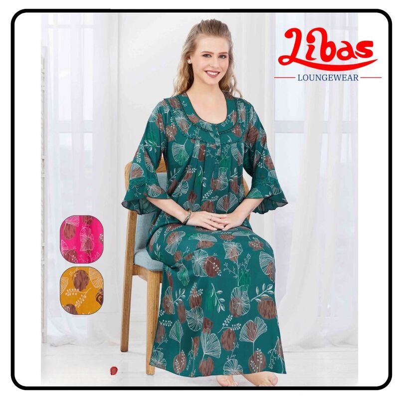 Mosaic Green Alpine Plus Long Sleeve Nighty With Floral Print All Over From Libas Loungewear-LSN212 Mosaic Green Alpine Plus Long Sleeve Nighty With Floral Print All Over From Libas Loungewear-LSN212