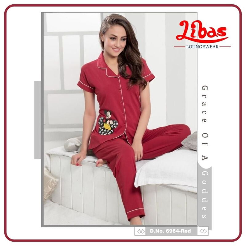 Plain Maroon Hosiery Plus Women's Collar Nightsuit With Mickey Print From Libas Loungewear - FPS092