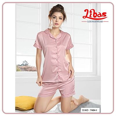 Plain Baby Pink Armani Satin Women Shorts Set With Button Closure By Libas Loungewear - SPS022